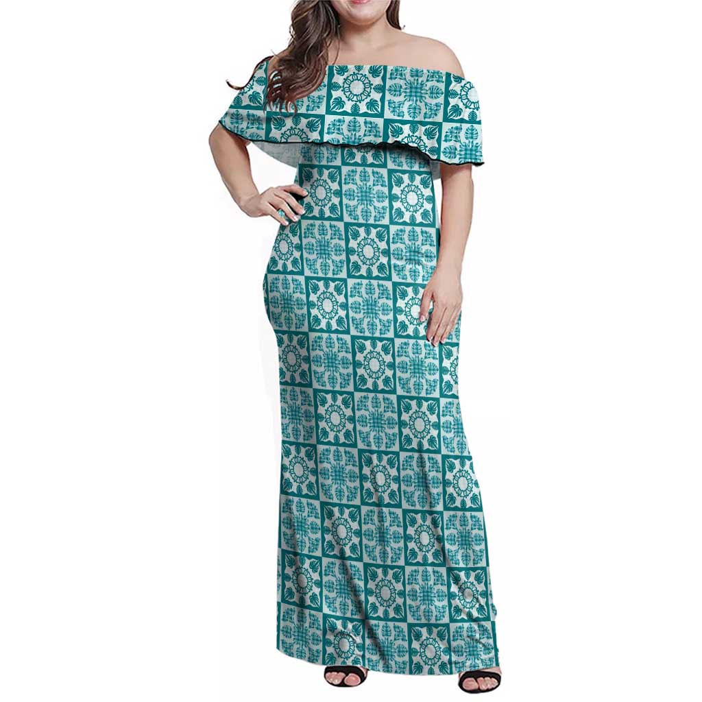 Cyan Palaka Quilt Hawaii Family Matching Off Shoulder Maxi Dress and Hawaiian Shirt Hawaiian Tropical Monstera Sea Turtle