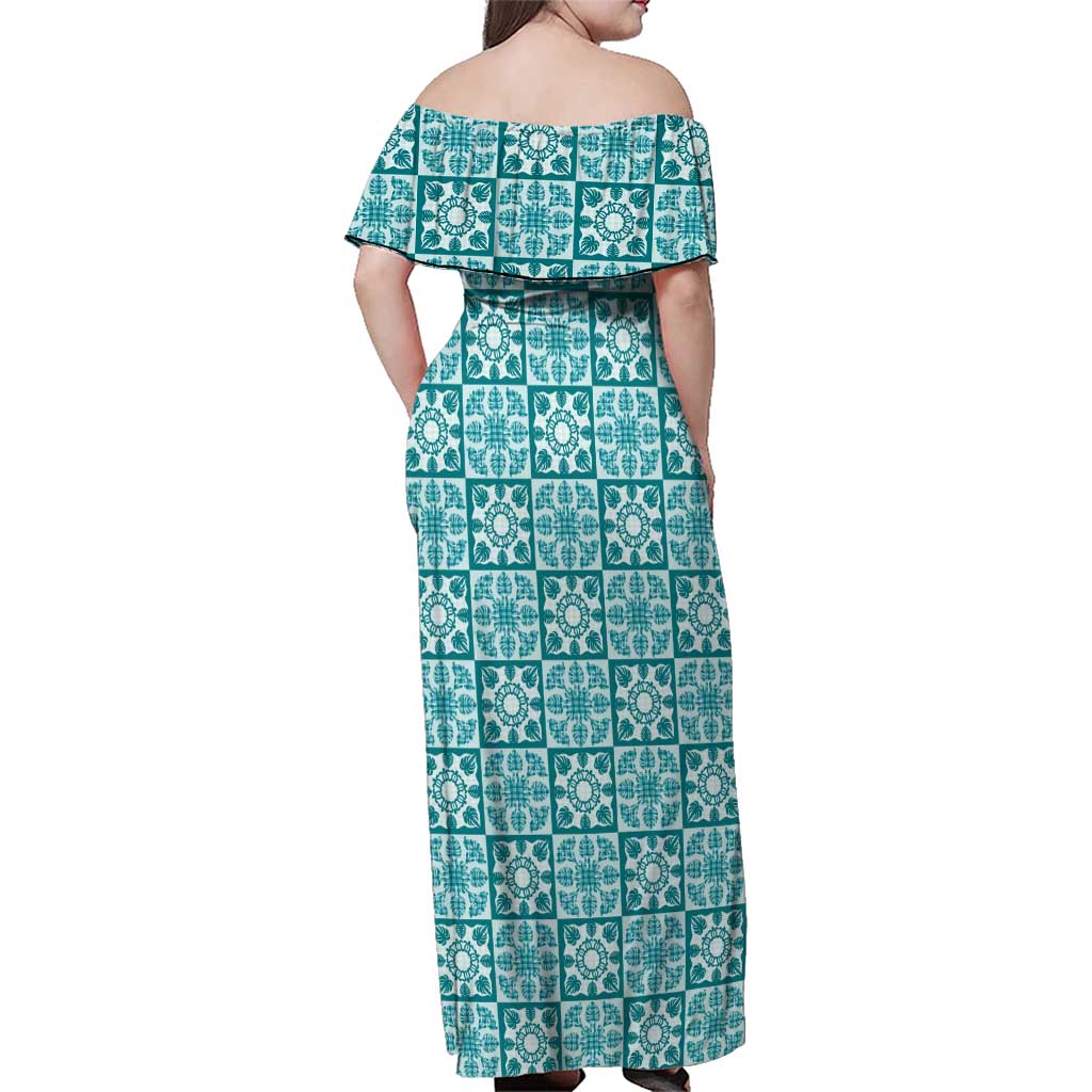 Cyan Palaka Quilt Hawaii Family Matching Off Shoulder Maxi Dress and Hawaiian Shirt Hawaiian Tropical Monstera Sea Turtle
