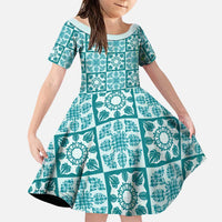 Cyan Palaka Quilt Hawaii Family Matching Off Shoulder Short Dress and Hawaiian Shirt Hawaiian Tropical Monstera Sea Turtle