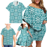 Cyan Palaka Quilt Hawaii Family Matching Off Shoulder Short Dress and Hawaiian Shirt Hawaiian Tropical Monstera Sea Turtle
