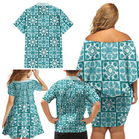Cyan Palaka Quilt Hawaii Family Matching Off Shoulder Short Dress and Hawaiian Shirt Hawaiian Tropical Monstera Sea Turtle