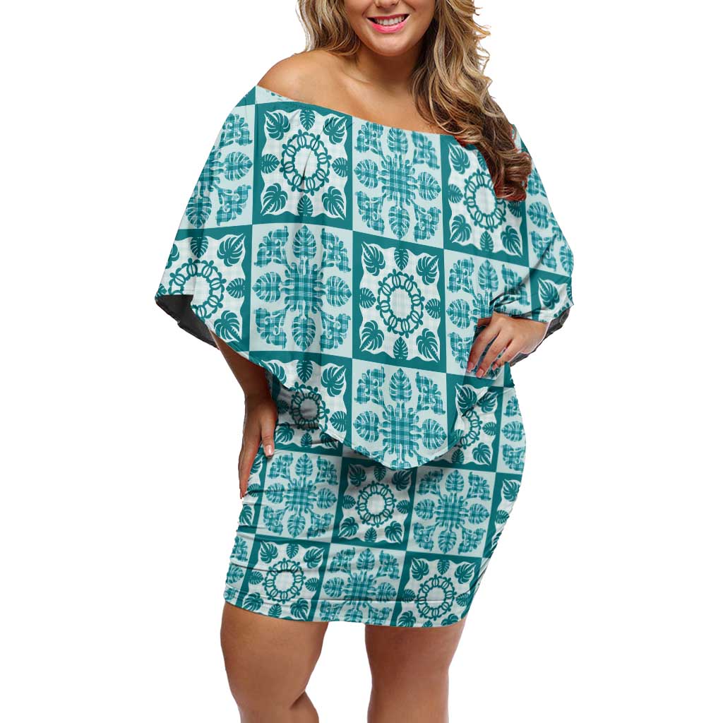 Cyan Palaka Quilt Hawaii Family Matching Off Shoulder Short Dress and Hawaiian Shirt Hawaiian Tropical Monstera Sea Turtle