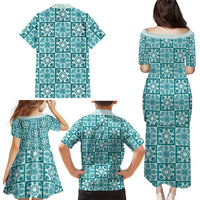 Cyan Palaka Quilt Hawaii Family Matching Puletasi and Hawaiian Shirt Hawaiian Tropical Monstera Sea Turtle
