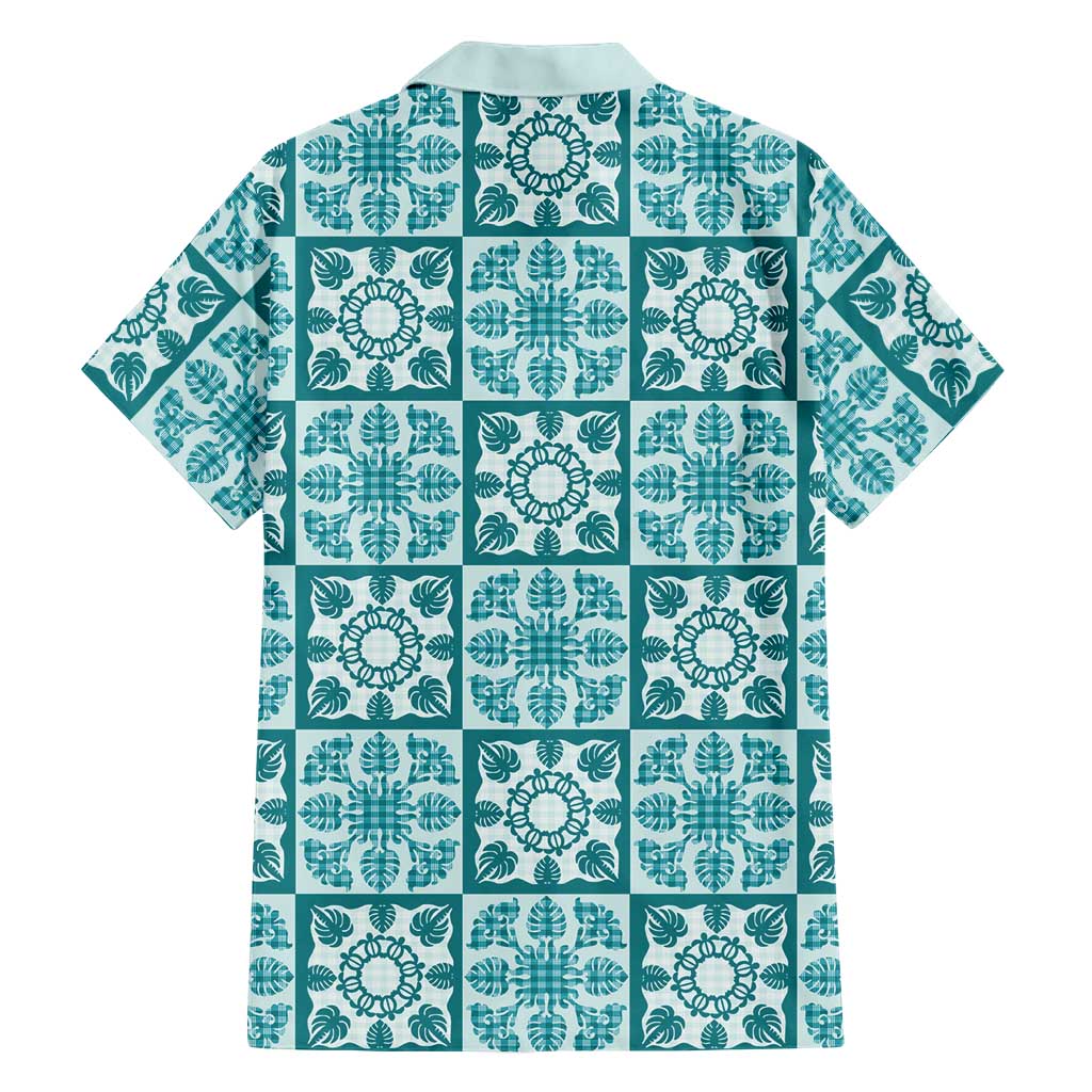 Cyan Palaka Quilt Hawaii Family Matching Puletasi and Hawaiian Shirt Hawaiian Tropical Monstera Sea Turtle