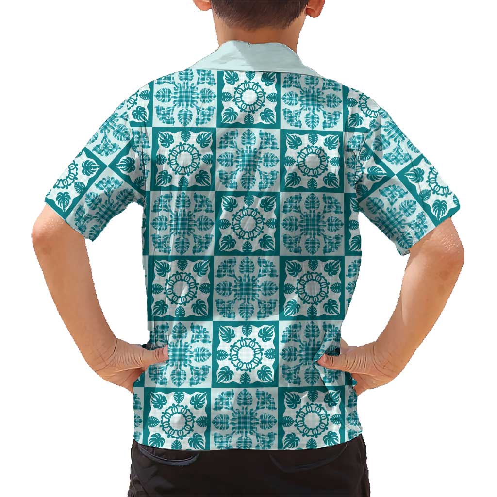 Cyan Palaka Quilt Hawaii Family Matching Short Sleeve Bodycon Dress and Hawaiian Shirt Hawaiian Tropical Monstera Sea Turtle