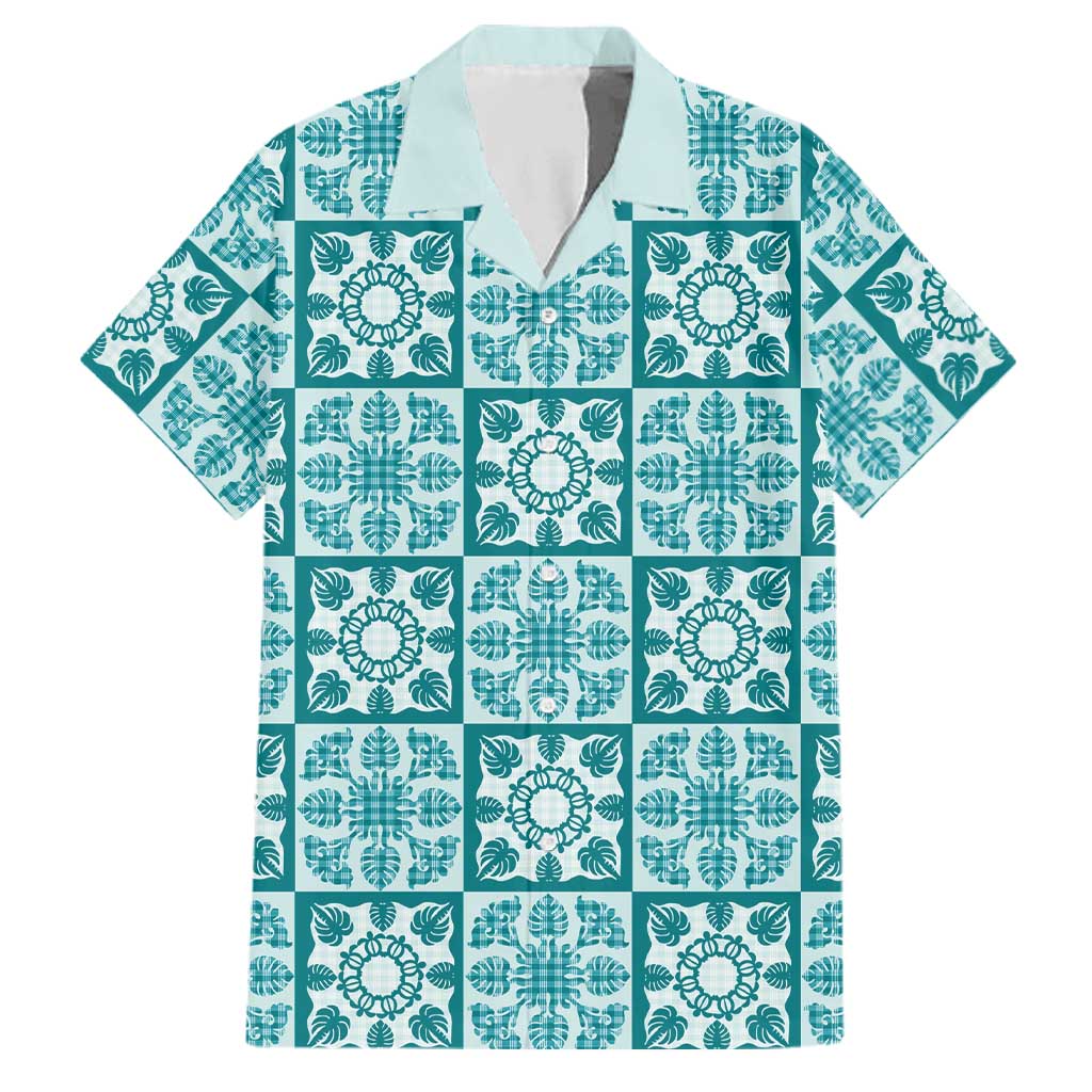 Cyan Palaka Quilt Hawaii Family Matching Short Sleeve Bodycon Dress and Hawaiian Shirt Hawaiian Tropical Monstera Sea Turtle