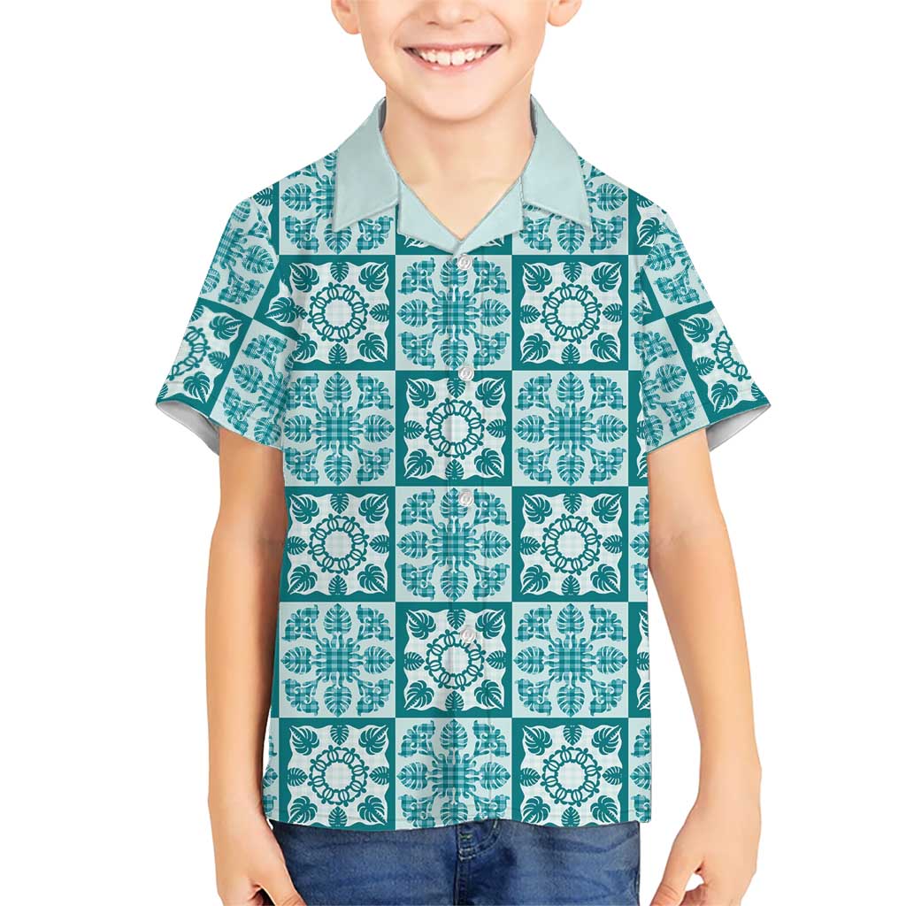 Cyan Palaka Quilt Hawaii Family Matching Short Sleeve Bodycon Dress and Hawaiian Shirt Hawaiian Tropical Monstera Sea Turtle