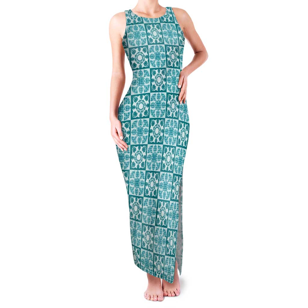 Cyan Palaka Quilt Hawaii Family Matching Tank Maxi Dress and Hawaiian Shirt Hawaiian Tropical Monstera Sea Turtle