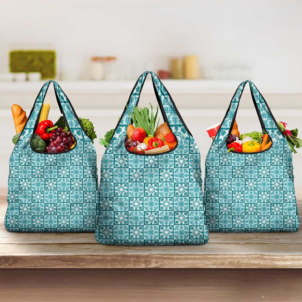 Cyan Palaka Quilt Hawaii Grocery Bag Hawaiian Tropical Monstera Sea Turtle LT14 3-pack One Size Cyan - Polynesian Pride