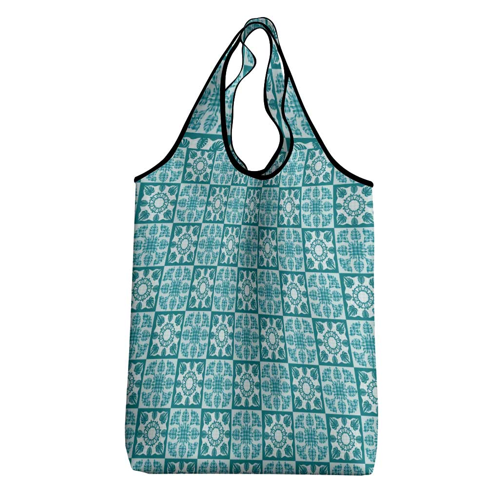 Cyan Palaka Quilt Hawaii Grocery Bag Hawaiian Tropical Monstera Sea Turtle LT14 - Polynesian Pride