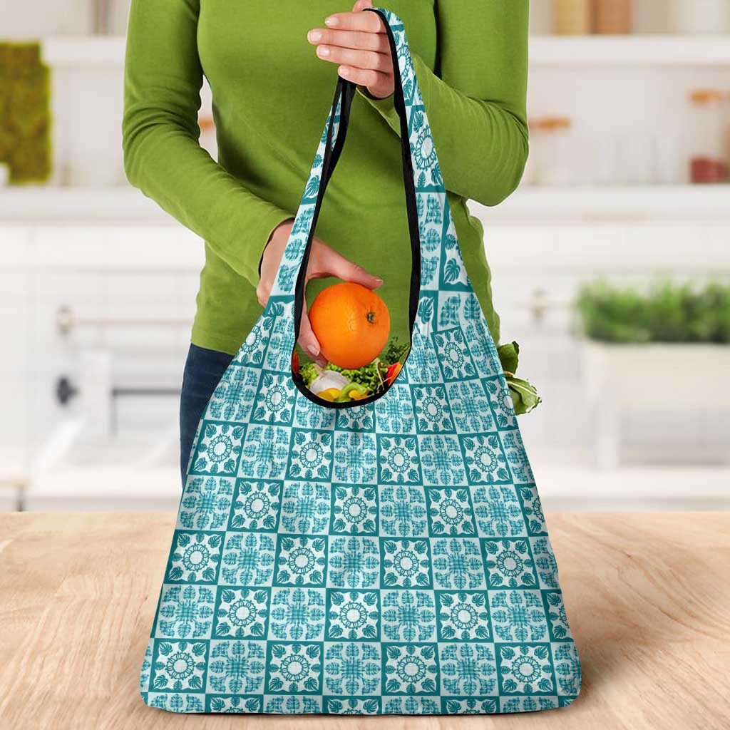 Cyan Palaka Quilt Hawaii Grocery Bag Hawaiian Tropical Monstera Sea Turtle LT14 - Polynesian Pride