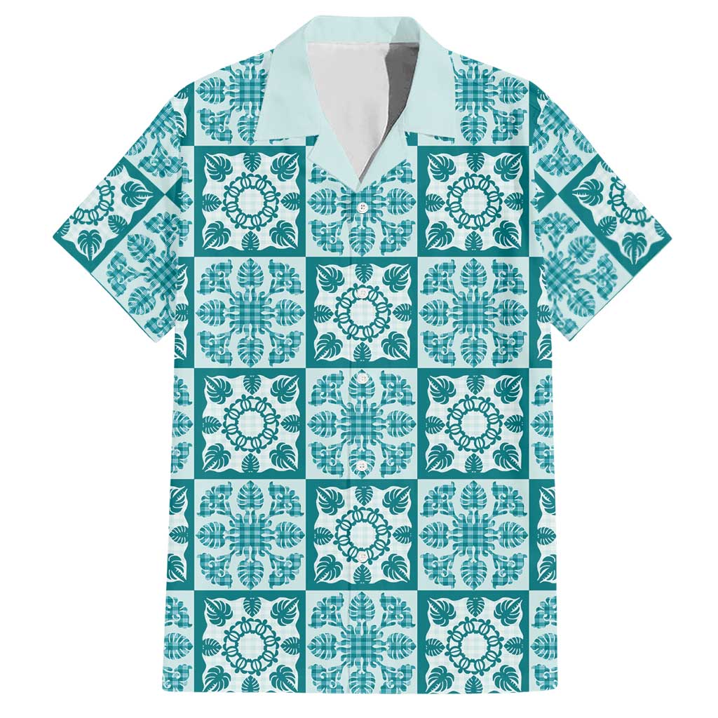 Cyan Palaka Quilt Hawaii Hawaiian Shirt Hawaiian Tropical Monstera Sea Turtle