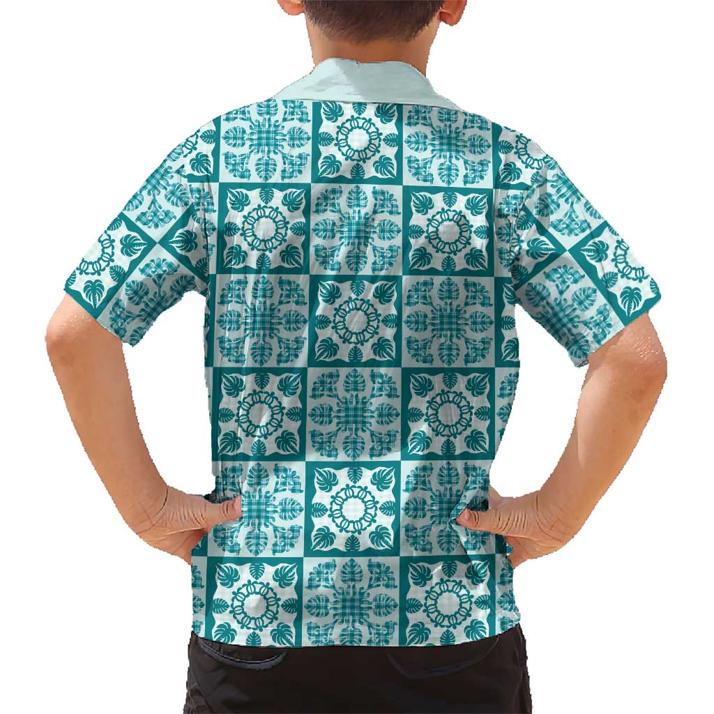 Cyan Palaka Quilt Hawaii Hawaiian Shirt Hawaiian Tropical Monstera Sea Turtle