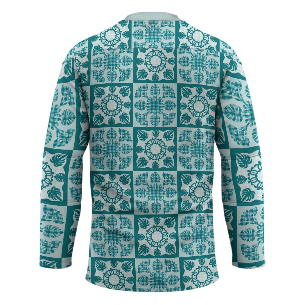 Cyan Palaka Quilt Hawaii Hockey Jersey Hawaiian Tropical Monstera Sea Turtle LT14 - Polynesian Pride