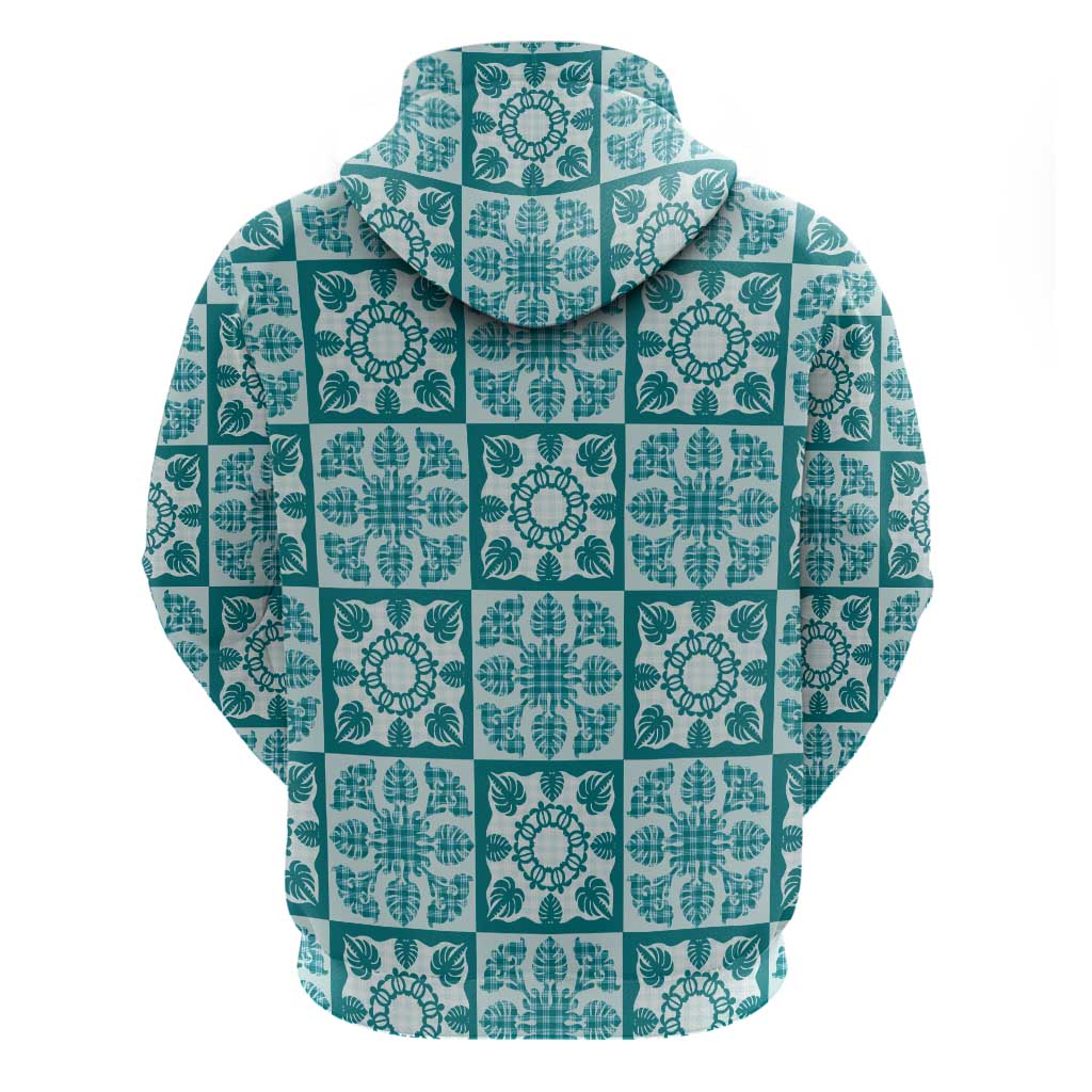 Cyan Palaka Quilt Hawaii Hoodie Hawaiian Tropical Monstera Sea Turtle LT14 - Polynesian Pride
