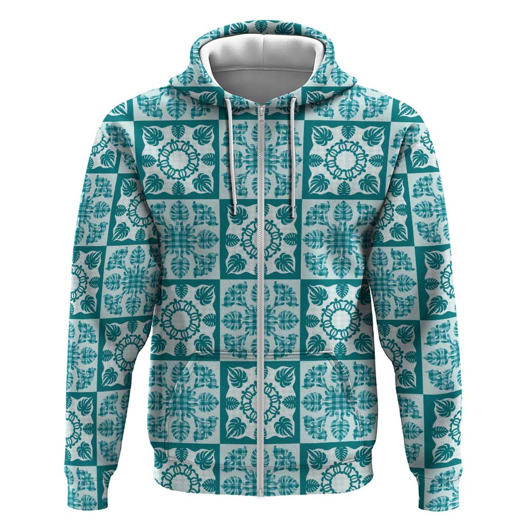 Cyan Palaka Quilt Hawaii Hoodie Hawaiian Tropical Monstera Sea Turtle LT14 Zip Hoodie Cyan - Polynesian Pride