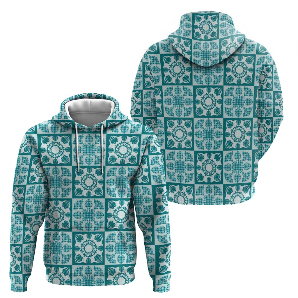 Cyan Palaka Quilt Hawaii Hoodie Hawaiian Tropical Monstera Sea Turtle LT14 - Polynesian Pride