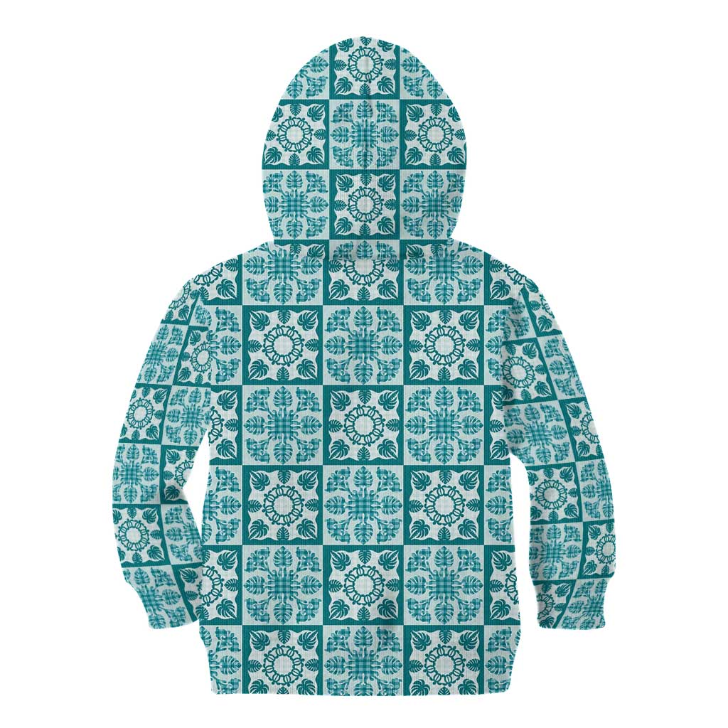 Cyan Palaka Quilt Hawaii Kid Hoodie Hawaiian Tropical Monstera Sea Turtle