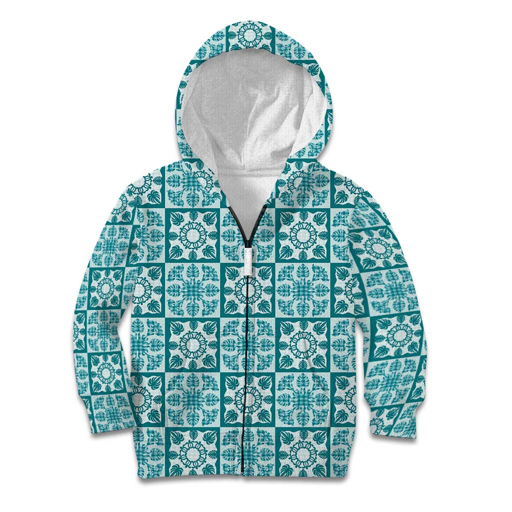 Cyan Palaka Quilt Hawaii Kid Hoodie Hawaiian Tropical Monstera Sea Turtle