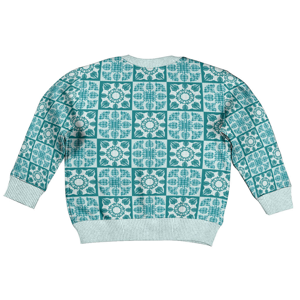 Cyan Palaka Quilt Hawaii Kid Ugly Christmas Sweater Hawaiian Tropical Monstera Sea Turtle LT14 - Polynesian Pride