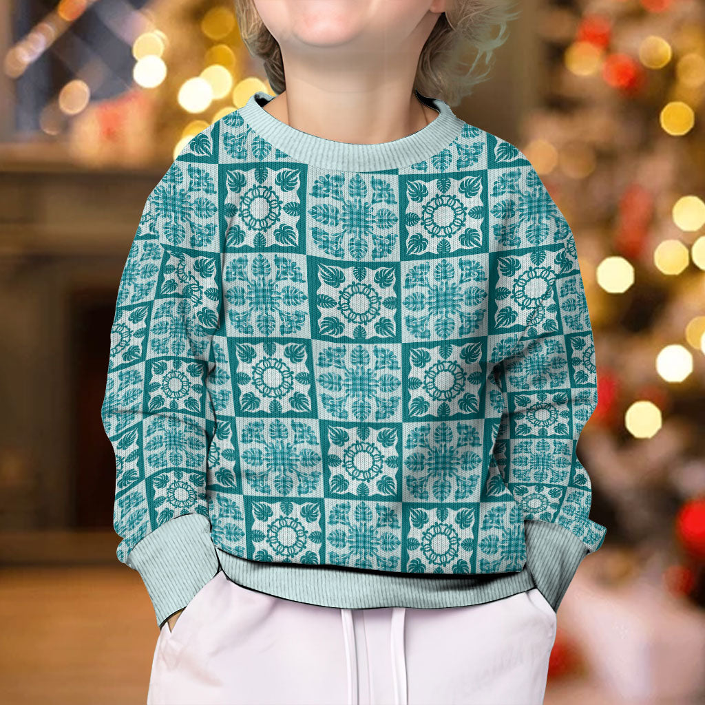 Cyan Palaka Quilt Hawaii Kid Ugly Christmas Sweater Hawaiian Tropical Monstera Sea Turtle LT14 - Polynesian Pride
