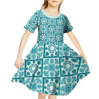 Cyan Palaka Quilt Hawaii Kid Short Sleeve Dress Hawaiian Tropical Monstera Sea Turtle