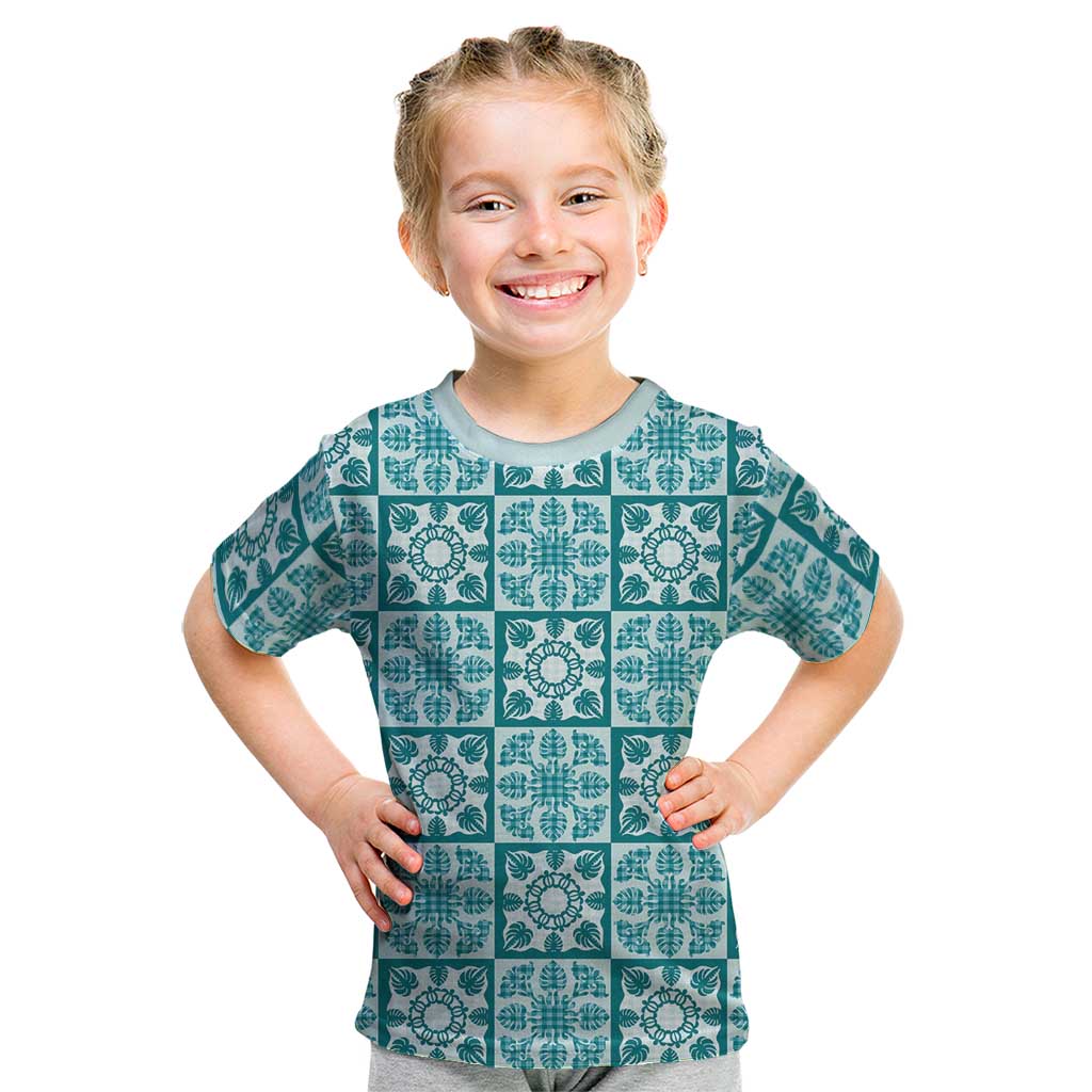 Cyan Palaka Quilt Hawaii Kid T Shirt Hawaiian Tropical Monstera Sea Turtle LT14 Cyan - Polynesian Pride
