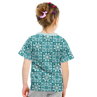 Cyan Palaka Quilt Hawaii Kid T Shirt Hawaiian Tropical Monstera Sea Turtle LT14 - Polynesian Pride