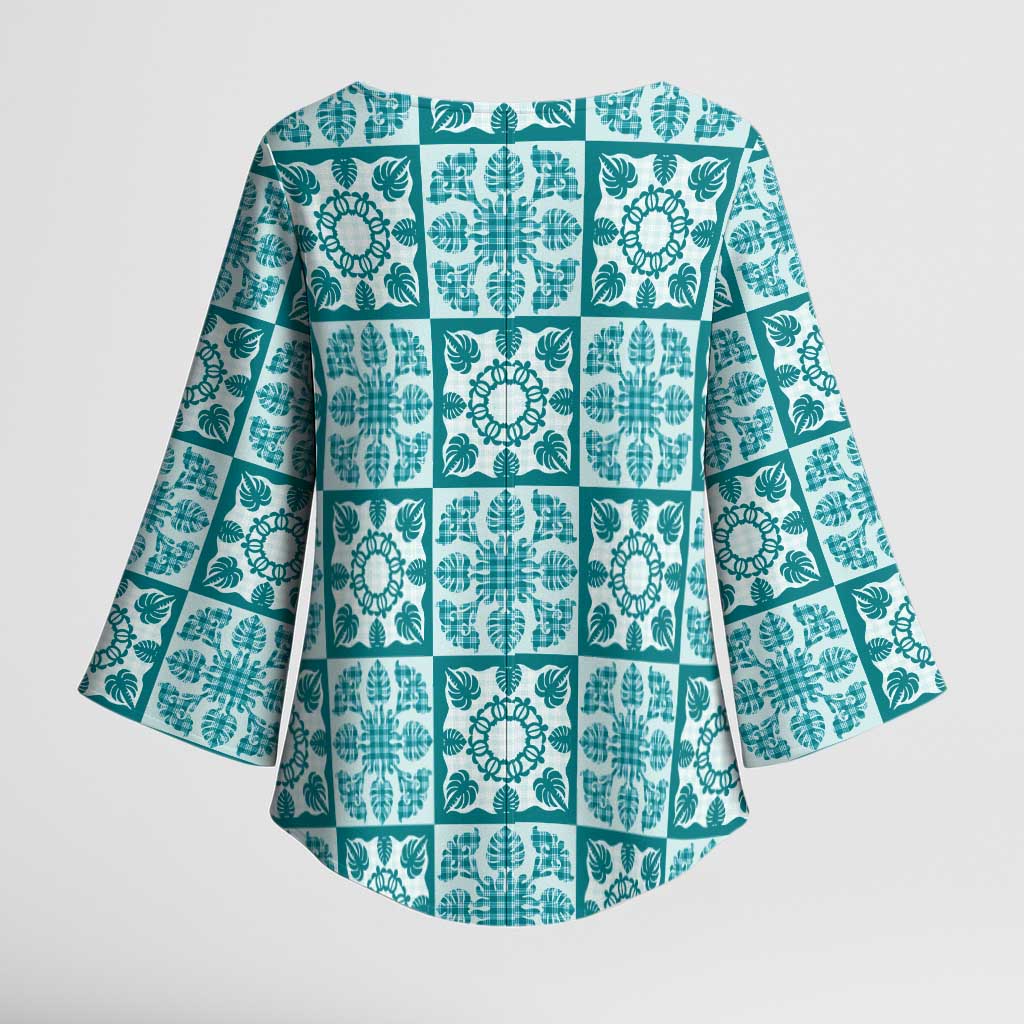 Cyan Palaka Quilt Hawaii Kimono Sleeve Blouse Hawaiian Tropical Monstera Sea Turtle LT14 - Polynesian Pride