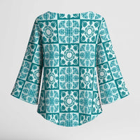 Cyan Palaka Quilt Hawaii Kimono Sleeve Blouse Hawaiian Tropical Monstera Sea Turtle LT14 - Polynesian Pride