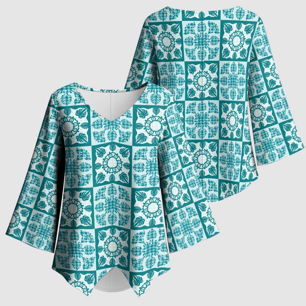 Cyan Palaka Quilt Hawaii Kimono Sleeve Blouse Hawaiian Tropical Monstera Sea Turtle LT14 - Polynesian Pride