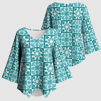 Cyan Palaka Quilt Hawaii Kimono Sleeve Blouse Hawaiian Tropical Monstera Sea Turtle LT14 - Polynesian Pride