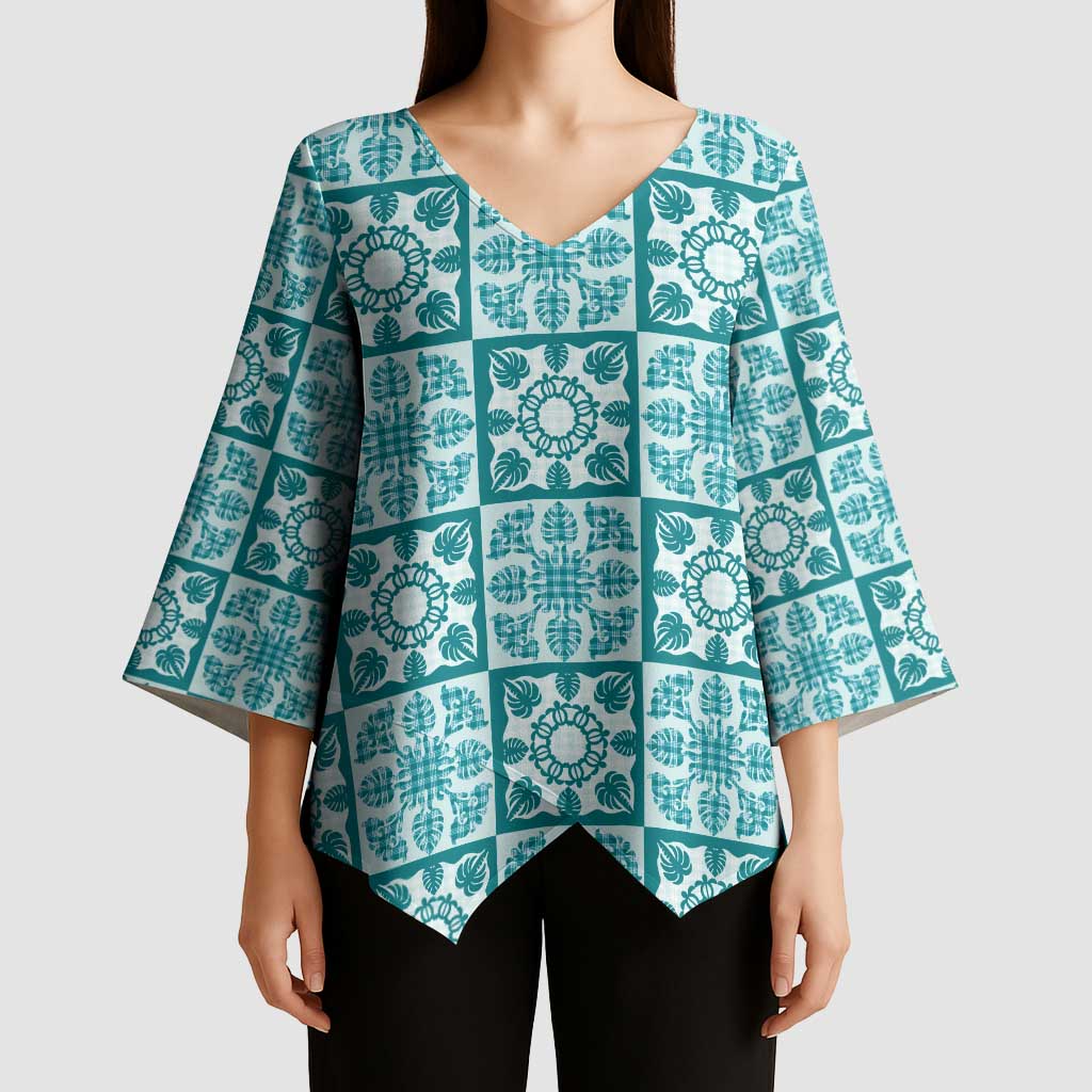 Cyan Palaka Quilt Hawaii Kimono Sleeve Blouse Hawaiian Tropical Monstera Sea Turtle LT14 - Polynesian Pride