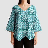 Cyan Palaka Quilt Hawaii Kimono Sleeve Blouse Hawaiian Tropical Monstera Sea Turtle LT14 - Polynesian Pride
