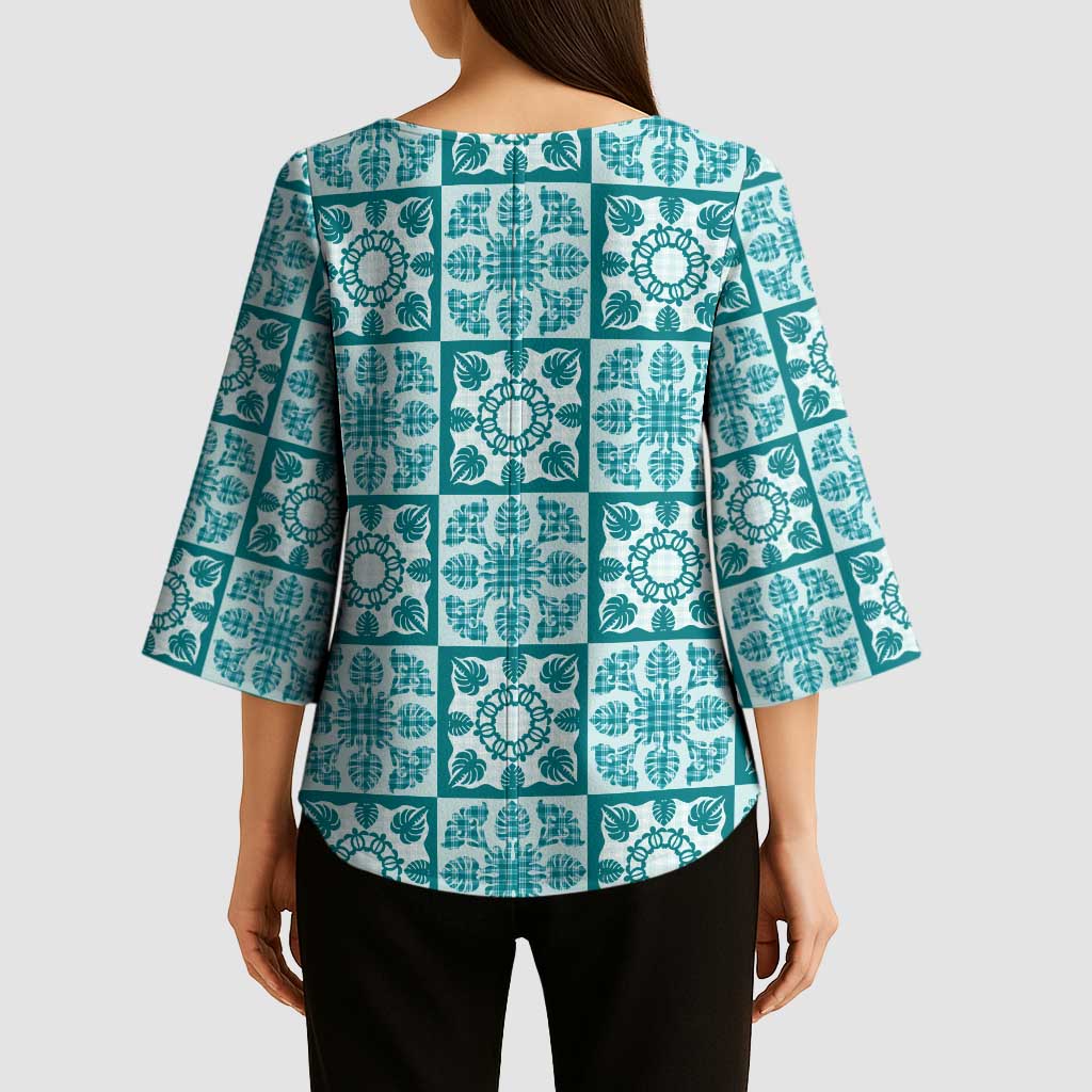 Cyan Palaka Quilt Hawaii Kimono Sleeve Blouse Hawaiian Tropical Monstera Sea Turtle LT14 - Polynesian Pride