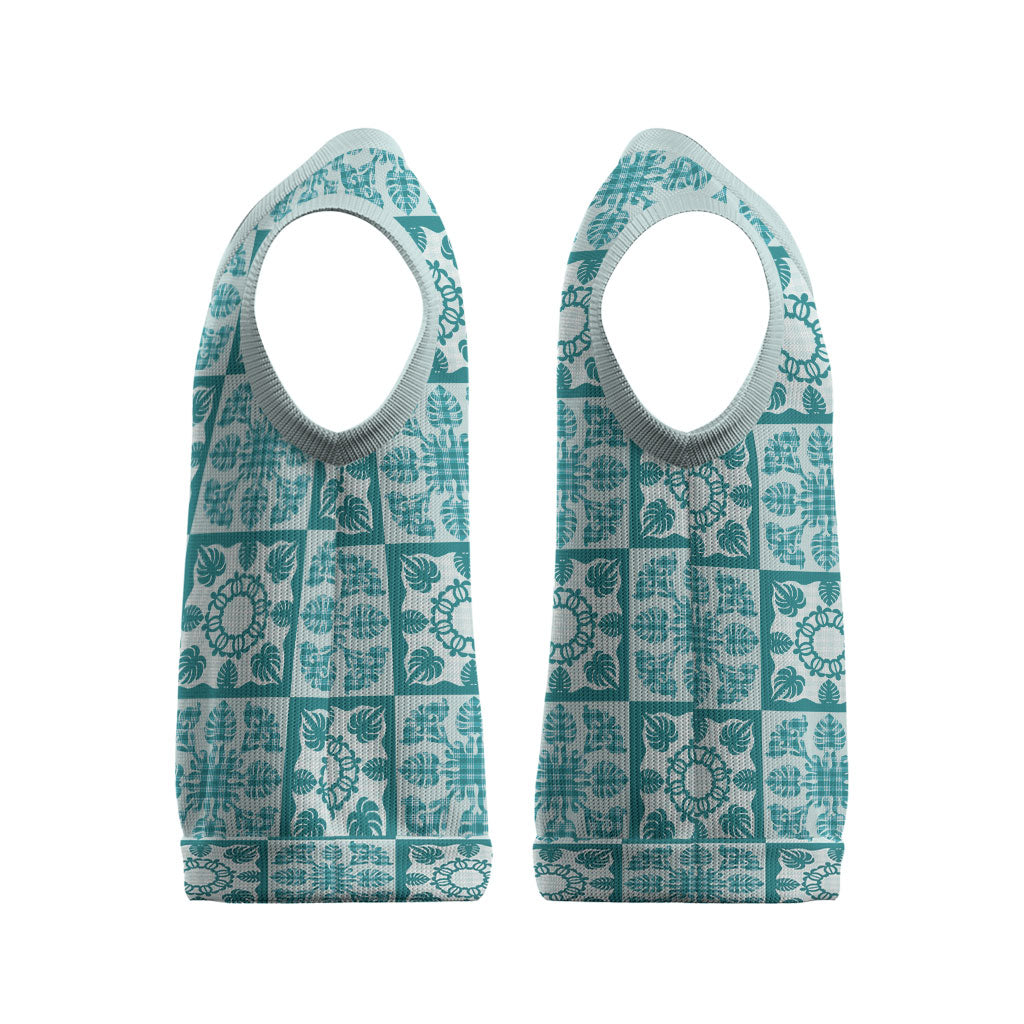 Cyan Palaka Quilt Hawaii Christmas Knitted V-Neck Vest Hawaiian Tropical Monstera Sea Turtle LT14 - Polynesian Pride