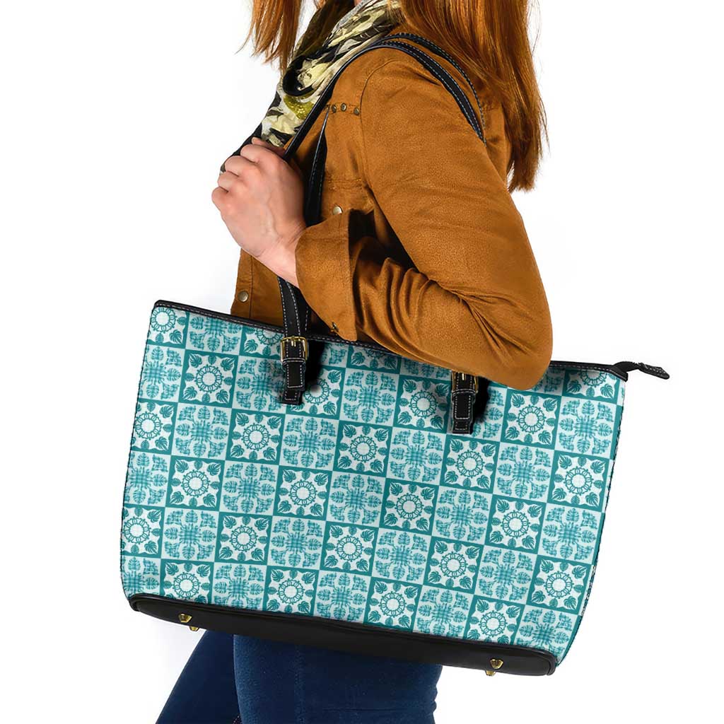 Cyan Palaka Quilt Hawaii Leather Tote Bag Hawaiian Tropical Monstera Sea Turtle LT14 Cyan - Polynesian Pride