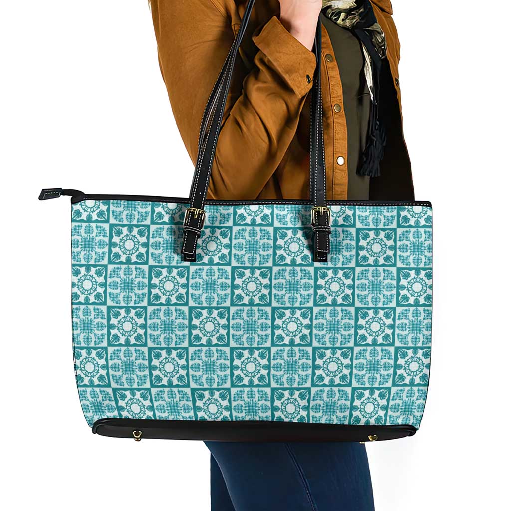 Cyan Palaka Quilt Hawaii Leather Tote Bag Hawaiian Tropical Monstera Sea Turtle LT14 - Polynesian Pride