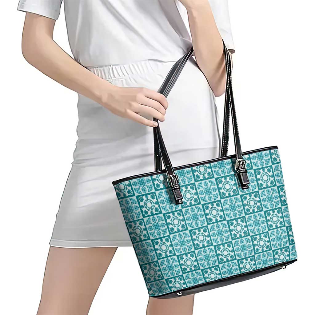 Cyan Palaka Quilt Hawaii Leather Tote Bag Hawaiian Tropical Monstera Sea Turtle LT14 - Polynesian Pride