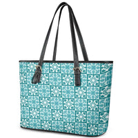 Cyan Palaka Quilt Hawaii Leather Tote Bag Hawaiian Tropical Monstera Sea Turtle LT14 - Polynesian Pride