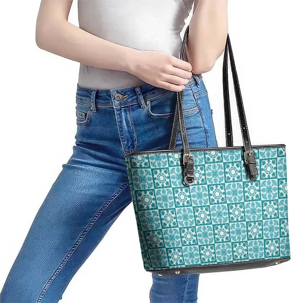 Cyan Palaka Quilt Hawaii Leather Tote Bag Hawaiian Tropical Monstera Sea Turtle LT14 - Polynesian Pride