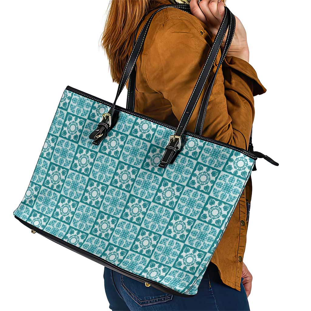 Cyan Palaka Quilt Hawaii Leather Tote Bag Hawaiian Tropical Monstera Sea Turtle LT14 - Polynesian Pride