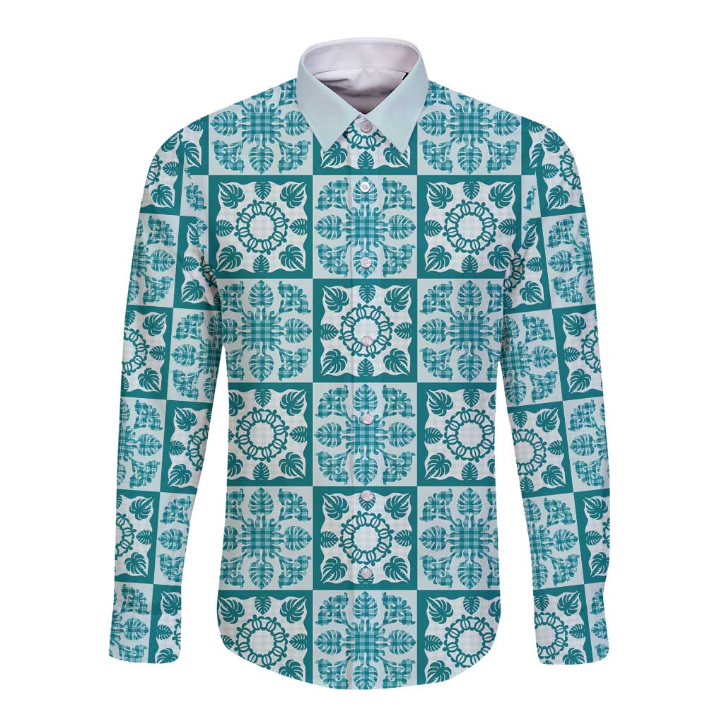 Cyan Palaka Quilt Hawaii Long Sleeve Button Shirt Hawaiian Tropical Monstera Sea Turtle LT14 Unisex Cyan - Polynesian Pride