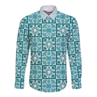 Cyan Palaka Quilt Hawaii Long Sleeve Button Shirt Hawaiian Tropical Monstera Sea Turtle LT14 Unisex Cyan - Polynesian Pride