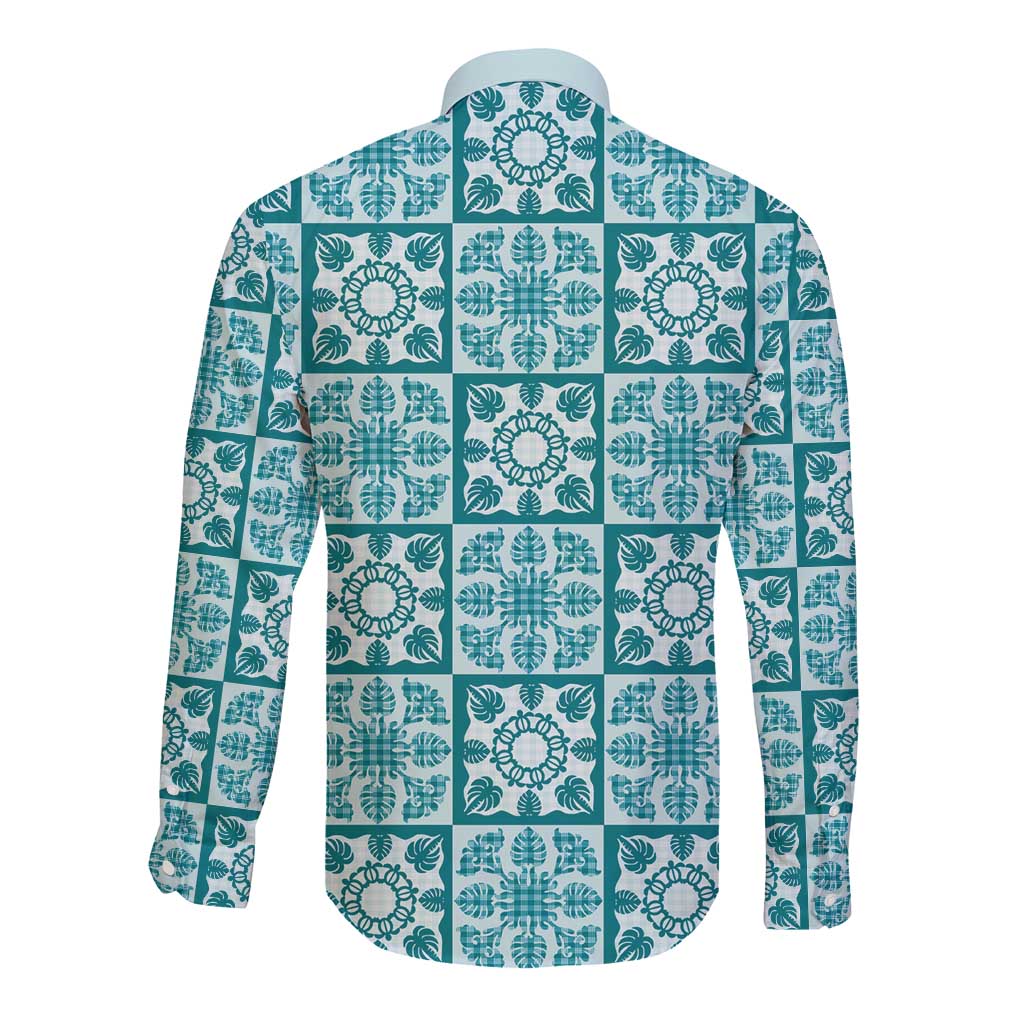 Cyan Palaka Quilt Hawaii Long Sleeve Button Shirt Hawaiian Tropical Monstera Sea Turtle LT14 - Polynesian Pride