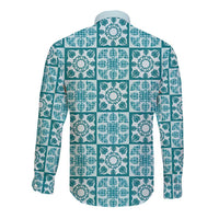 Cyan Palaka Quilt Hawaii Long Sleeve Button Shirt Hawaiian Tropical Monstera Sea Turtle LT14 - Polynesian Pride
