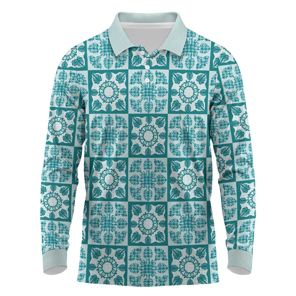 Cyan Palaka Quilt Hawaii Long Sleeve Polo Shirt Hawaiian Tropical Monstera Sea Turtle LT14 Cyan - Polynesian Pride