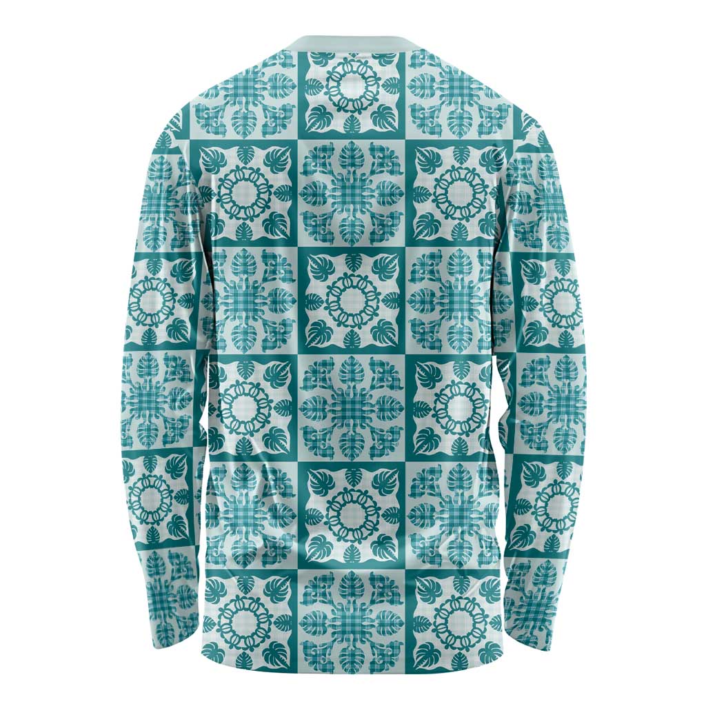 Cyan Palaka Quilt Hawaii Long Sleeve Shirt Hawaiian Tropical Monstera Sea Turtle LT14 - Polynesian Pride