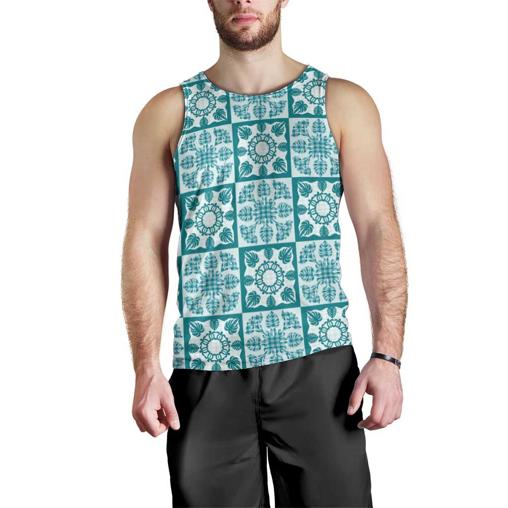 Cyan Palaka Quilt Hawaii Men Tank Top Hawaiian Tropical Monstera Sea Turtle LT14 - Polynesian Pride