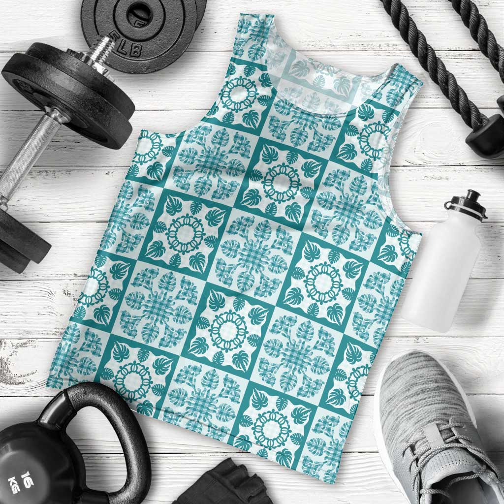 Cyan Palaka Quilt Hawaii Men Tank Top Hawaiian Tropical Monstera Sea Turtle LT14 - Polynesian Pride